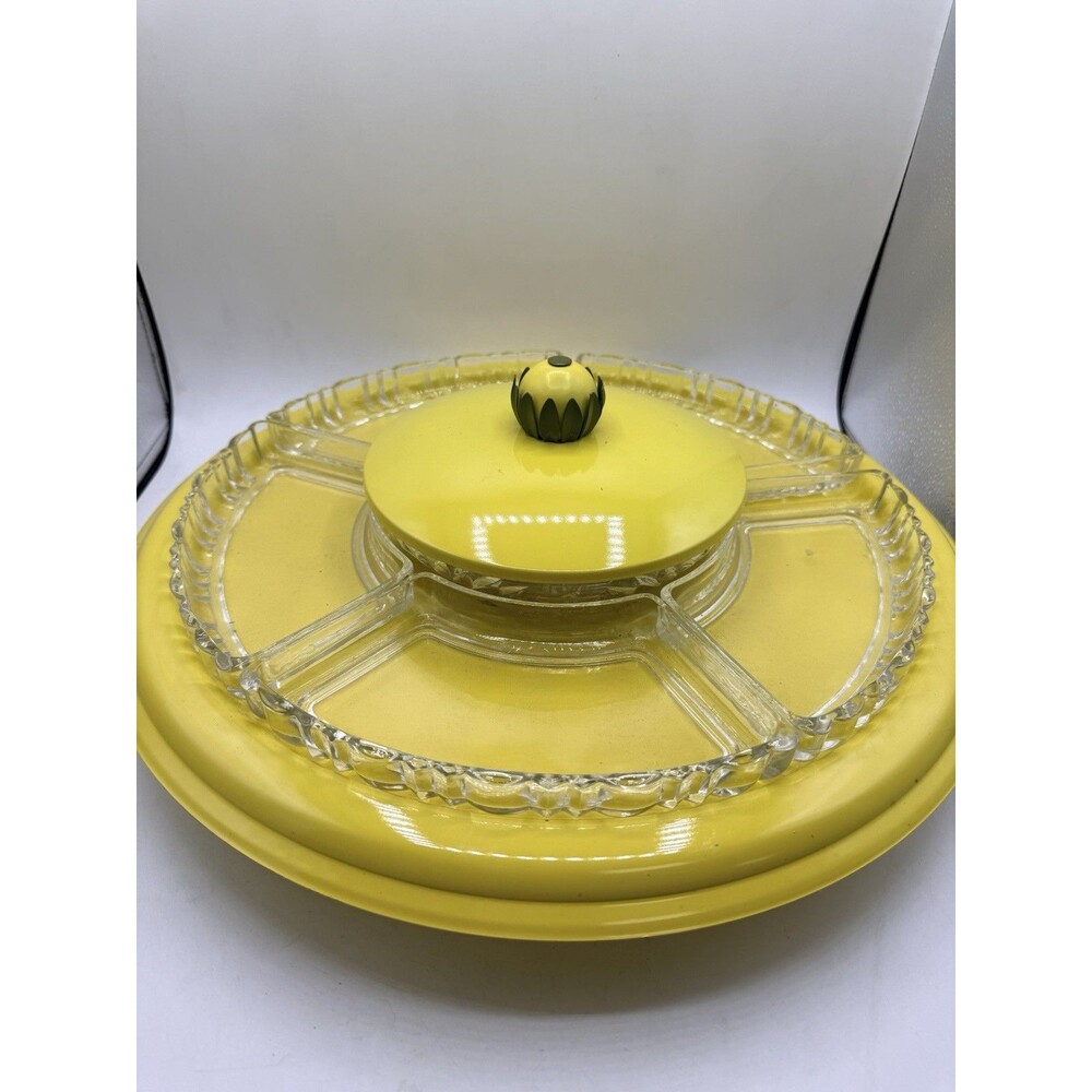 VTG MCM Yellow Metal Lazy Susan w/ Flower Lid Dip & Chips Appetizer Glass Bowls